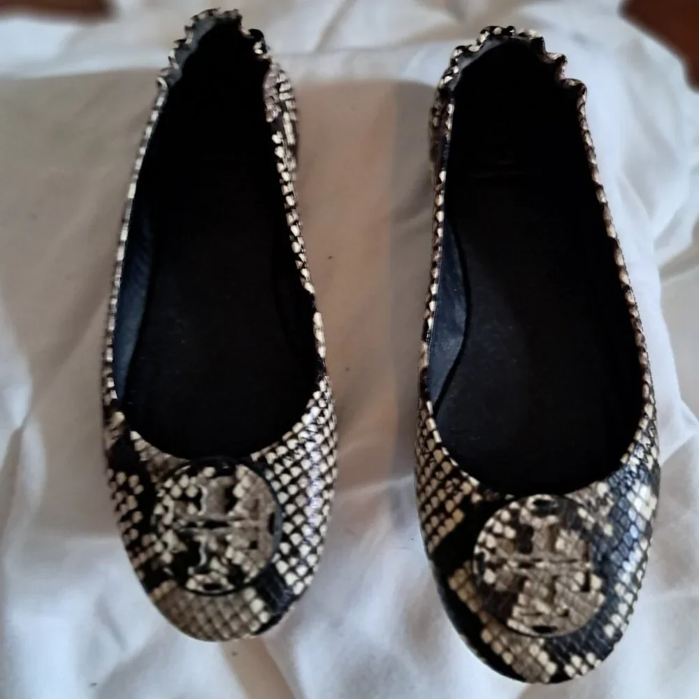 Tory Burch Snake-Print Leather Logo Ballet Flats in Beige, Brown & Black